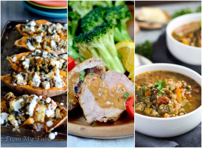 Real Food Meal Plan Week 28. Includes easy meals for the week before Christmas, such as simple pastas, a quick pork dish, & stuffed sweet potatoes.