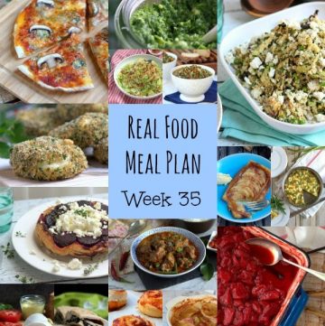 Real Food Meal Plan Week 35. Includes pan-fried Gnocchi, Sausage & Mushroom pot pie, slow cooker Teriyaki Chicken and Roasted Asparagus Pesto Pasta.