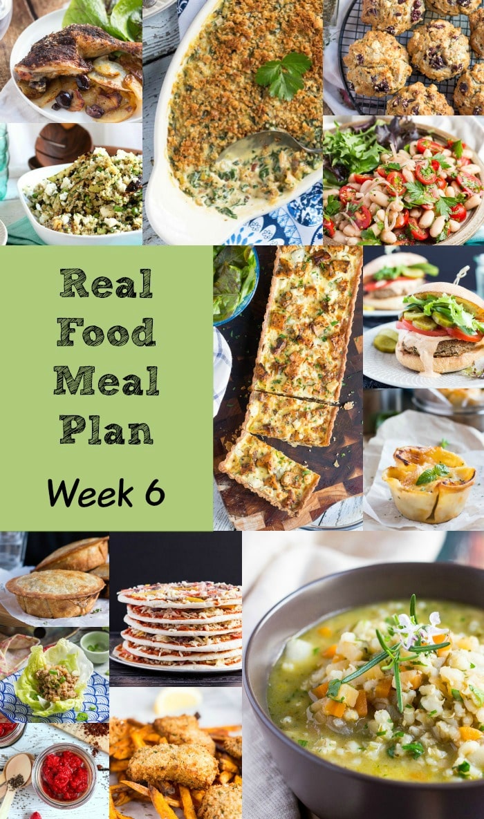 Real Food Meal Plan Week 6. Includes salads, a simple pasta dish, slow cooker butter chicken with rice, and fried rice from the leftovers.