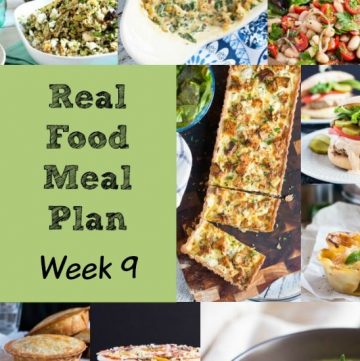 Real Food Meal Plan Week 9 2016. Includes a freezer friendly Shakshuka, pea & ham soup, easy swedish-style meatballs and chicken schnitzel.