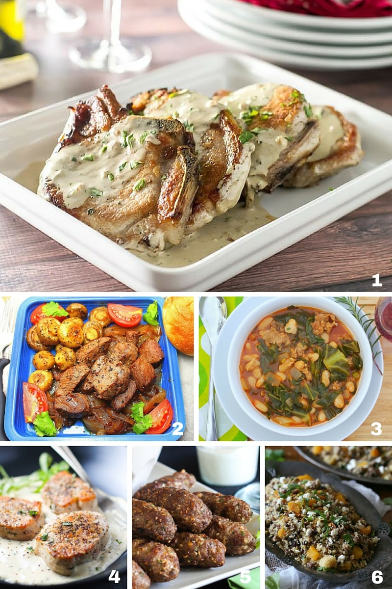 A collage of six lamb, beef and pork healthy 30 Minute Meals. 