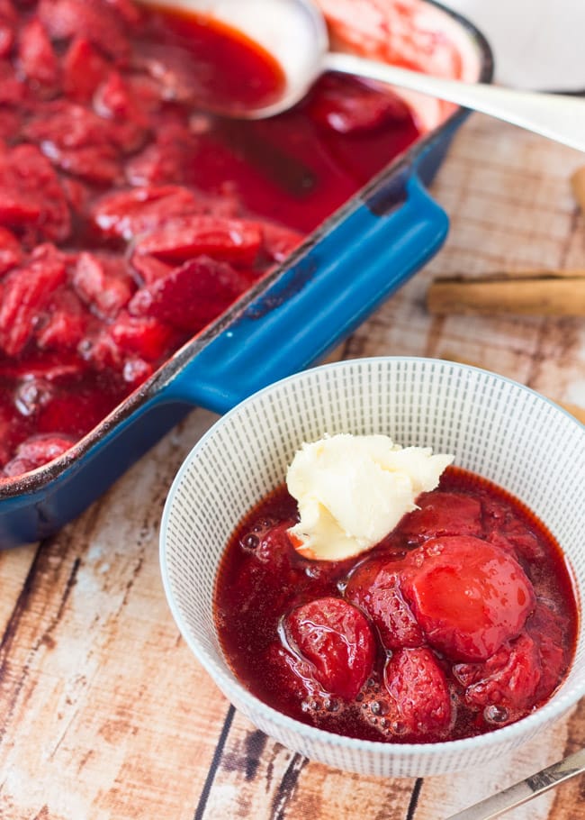 Roasted Cinnamon Strawberries. Great with pancakes, waffles, yoghurt, cream, or anything else you can think of.