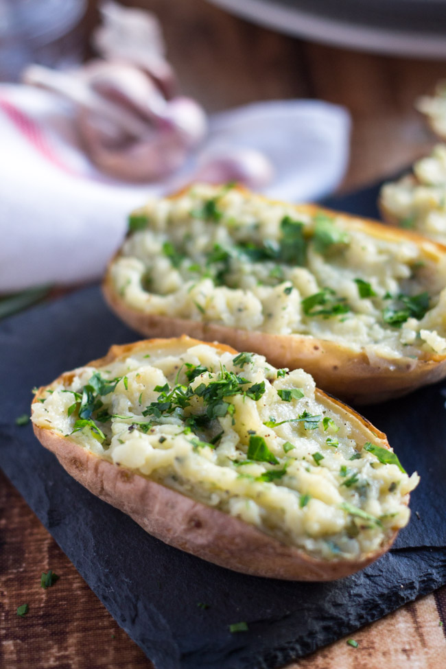 Roasted Garlic Twice Baked Potatoes. A great side dish to have on hand in the freezer.