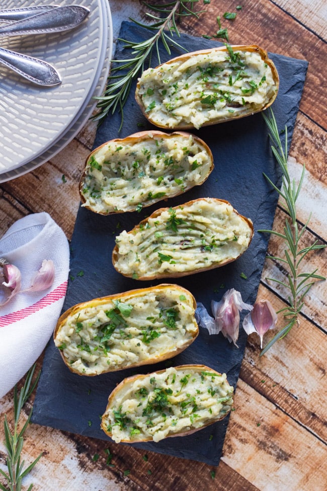 Roasted Garlic Twice Baked Potatoes. A great side dish to have on hand in the freezer. 