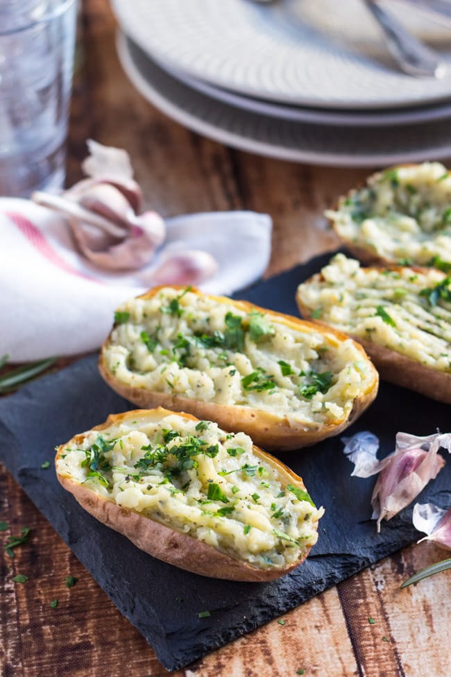 Roasted Garlic Twice Baked Potatoes. A great side dish to have on hand in the freezer. 