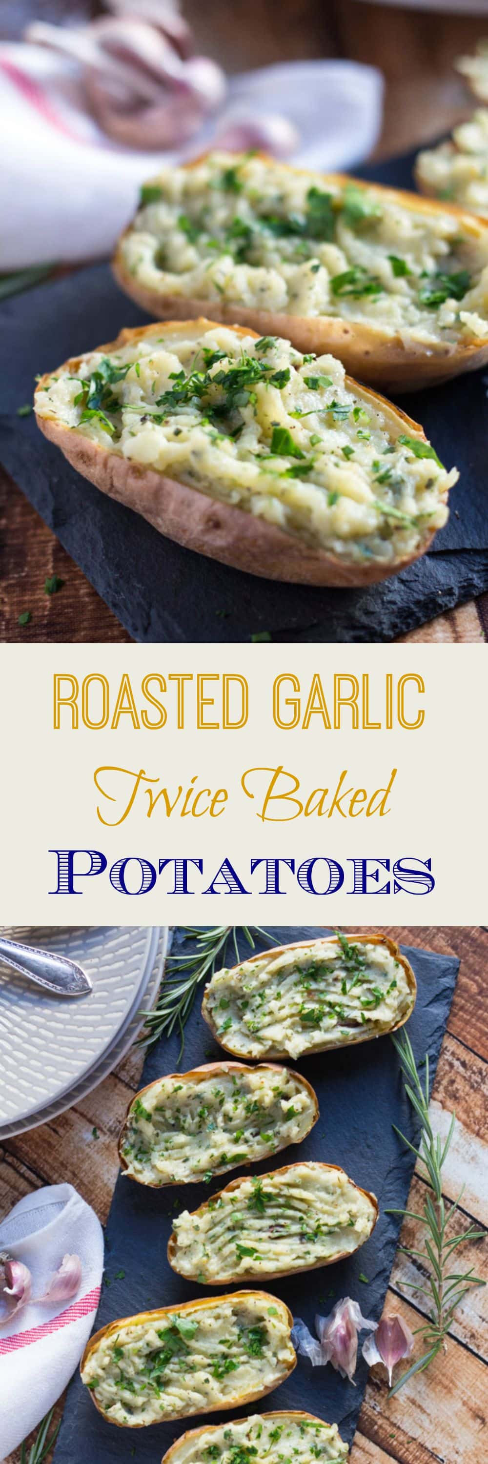 These Roasted Garlic Twice Baked Potatoes are full of creamy, roasted garlic, and can easily be frozen so you always have a quick side dish on hand.