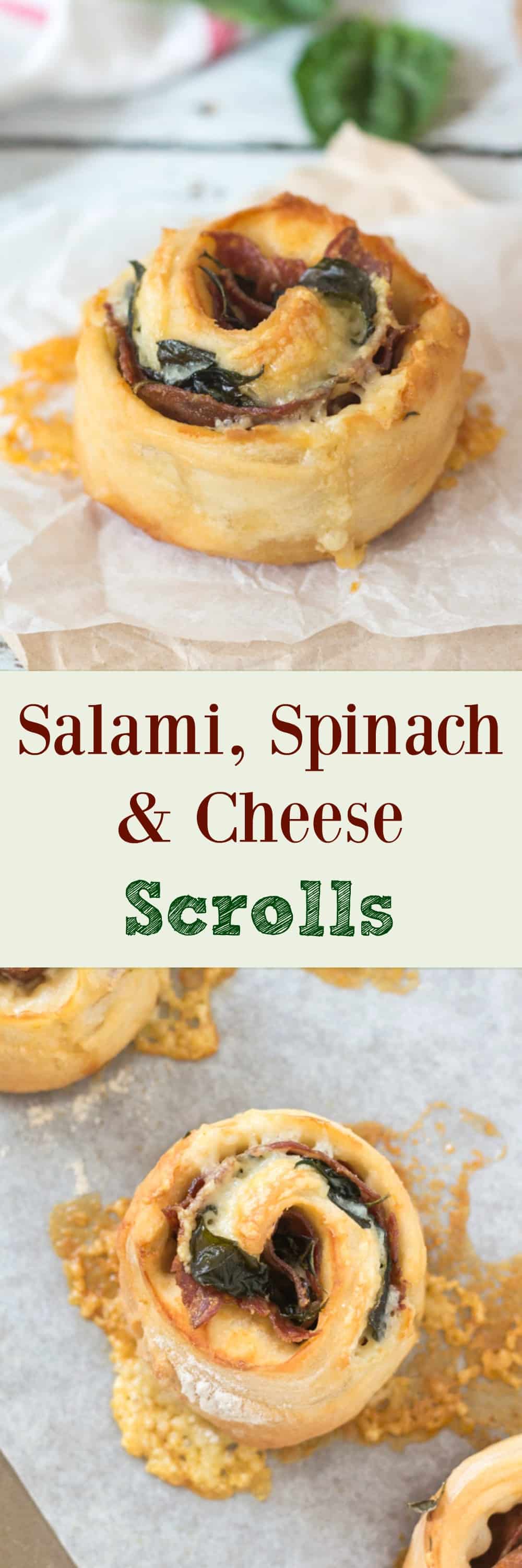 Salami, Spinach & Cheese Scrolls. Perfect for an easy, speedy lunch. Leftovers freeze well, and are great in the lunchbox.