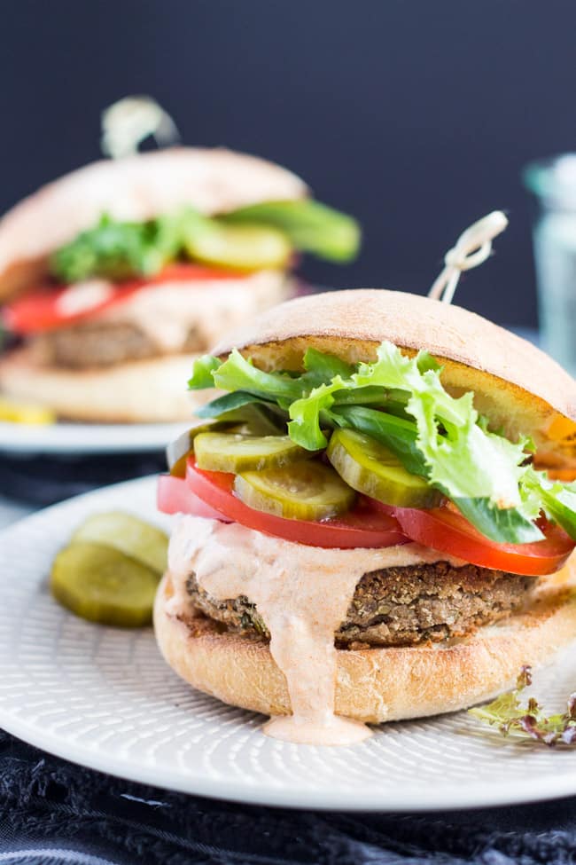 Spiced Chickpea Burgers, paired with smoky chipotle sour cream, are perfect for a quick vegetarian lunch or dinner. 