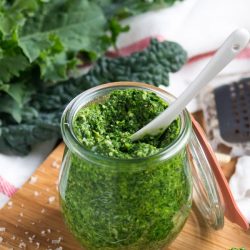 Spicy Kale Pesto. Great stirred through pasta, served on crackers or eaten straight from the spoon.