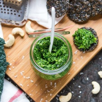 Spicy Kale Pesto. Great stirred through pasta, served on crackers or eaten straight from the spoon.