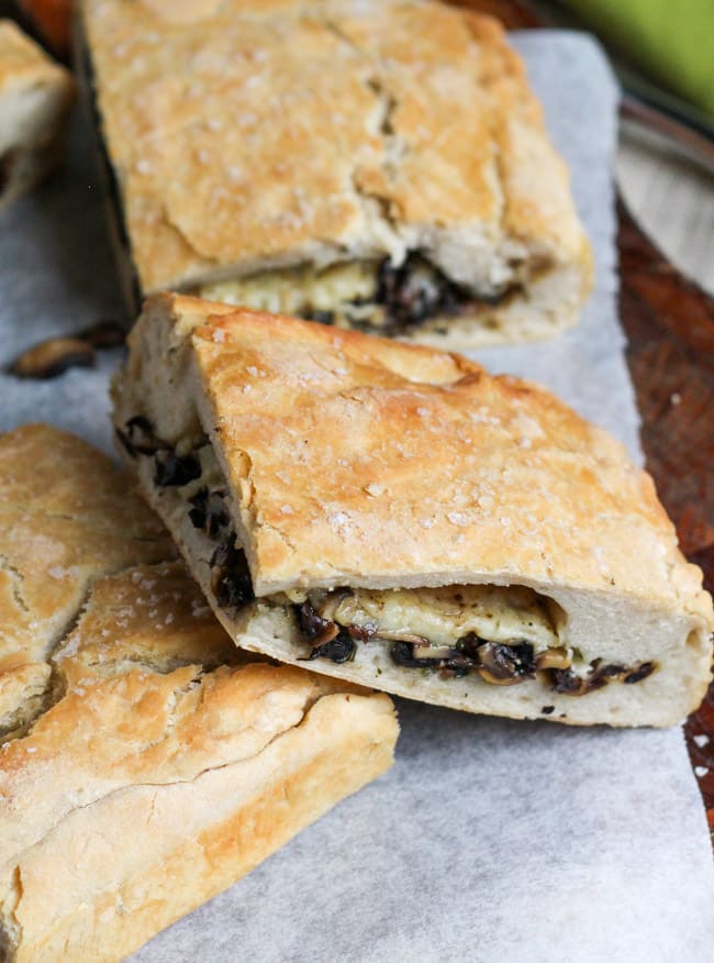 Stuffed Garlicky Mushroom & Cheese Focaccia.  An easy vegetarian lunch that freezes well. The versatile mushroom filling can also be used in other dishes.