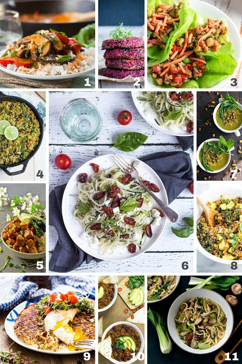 A collage of eleven vegetarian healthy 30 Minute Meals for Busy Families. 