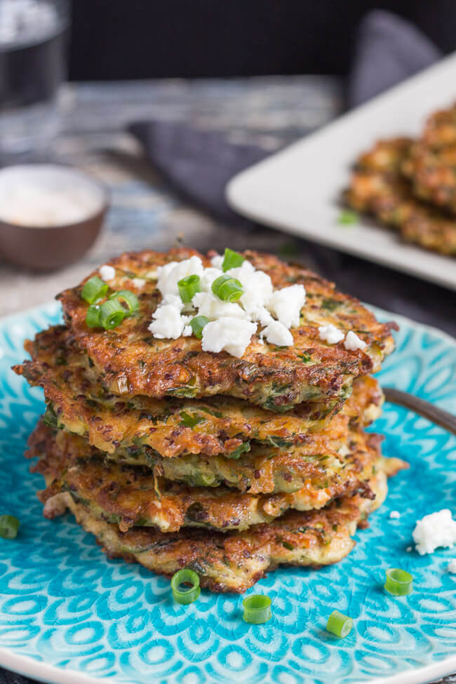 A stack of five zucchini & feta fritters, made with leftover quinoa.