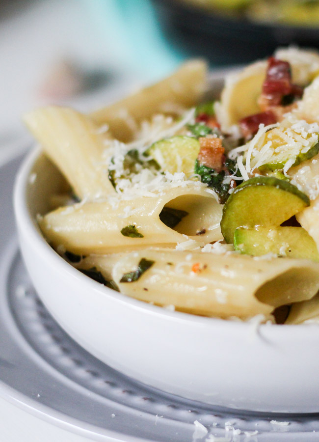 Zucchini & Pancetta Pasta.  A great way to use up a zucchini glut. | thecookspyjamas.com