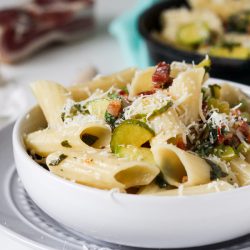 Zucchini & Pancetta Pasta. A great way to use up a zucchini glut. | thecookspyjamas.com