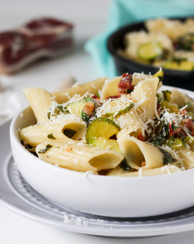 Zucchini & Pancetta Pasta.  A great way to use up a zucchini glut. | thecookspyjamas.com